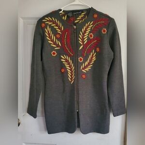 Anne Klein Wool Blend Embroidered Beaded Zip Up Sweater,size Small